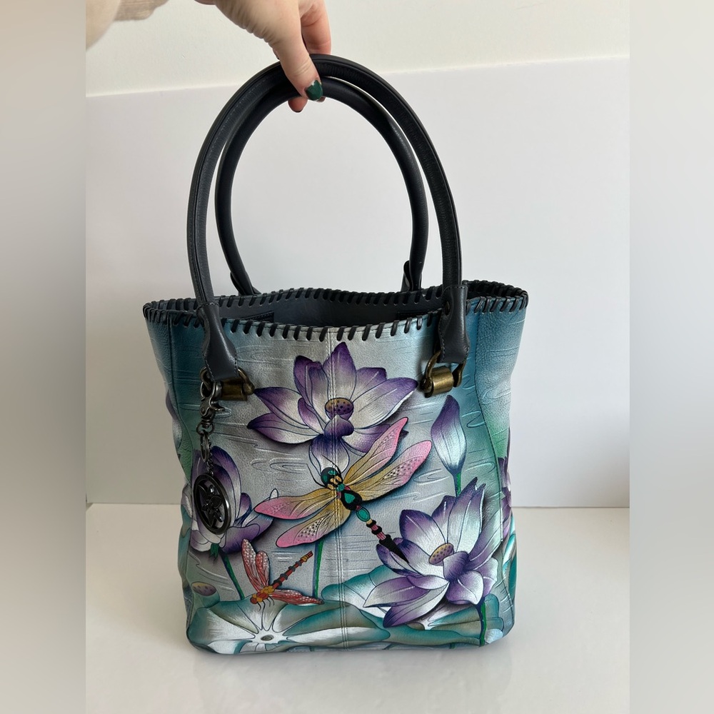 Anuschka Hand Painted Purse Tranquil Pond Leather Tote Handbag Like New